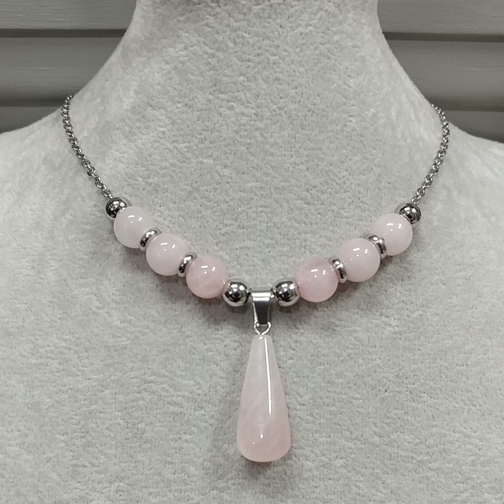 Rose Quartz Beaded Necklace Natural Gemstone Crystal Pendant Stainless-Steel